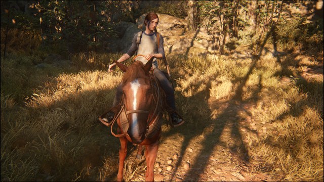 Ellie in The Last of Us Part 2 riding horse.