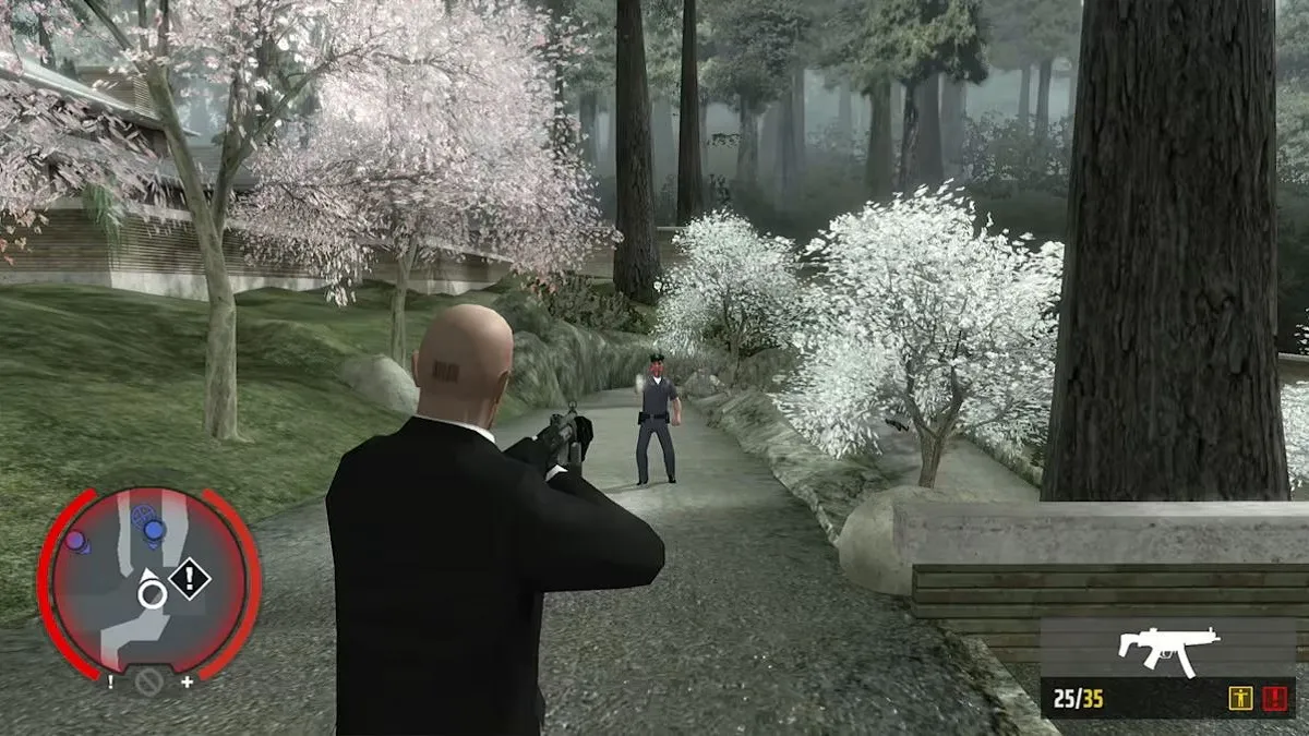 Hitman Blood Money: Agent 47 aiming an assault rifle at a guard.