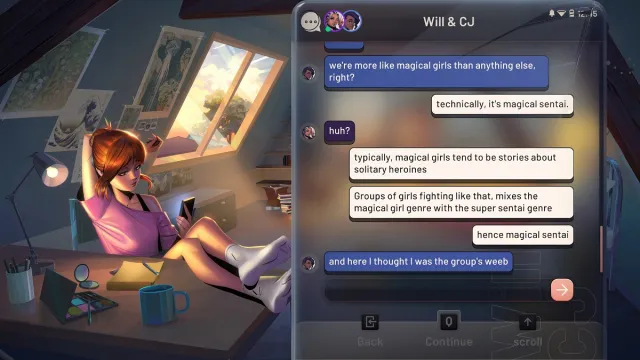 Nova Hearts text chat screen with Luce lounging on Desk